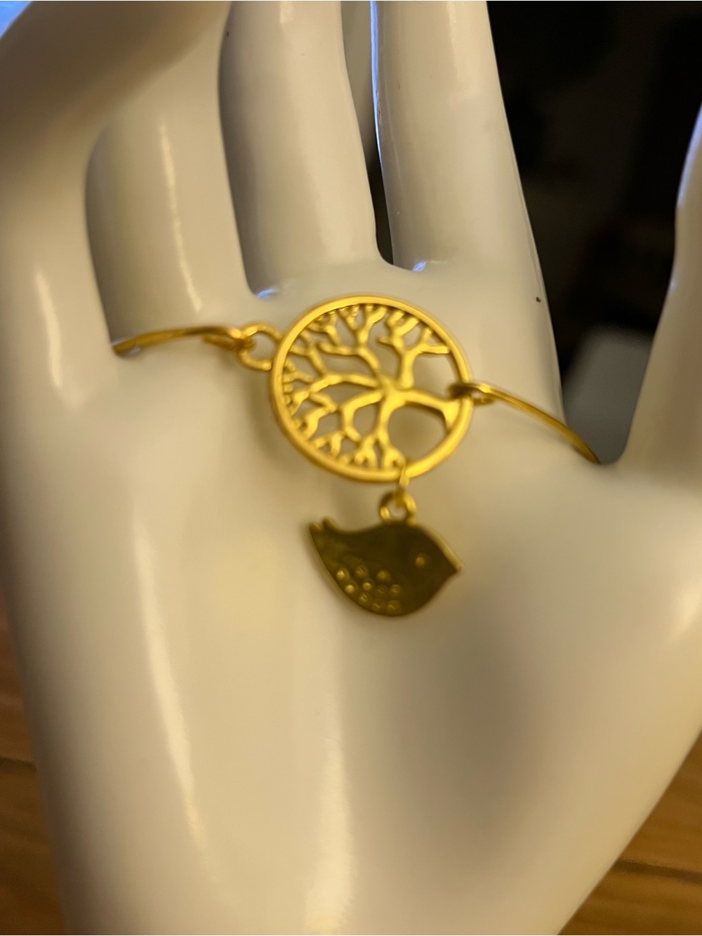 Gold Tree of Life Bangle Bracelet with Bird Charm - Women Jewelry